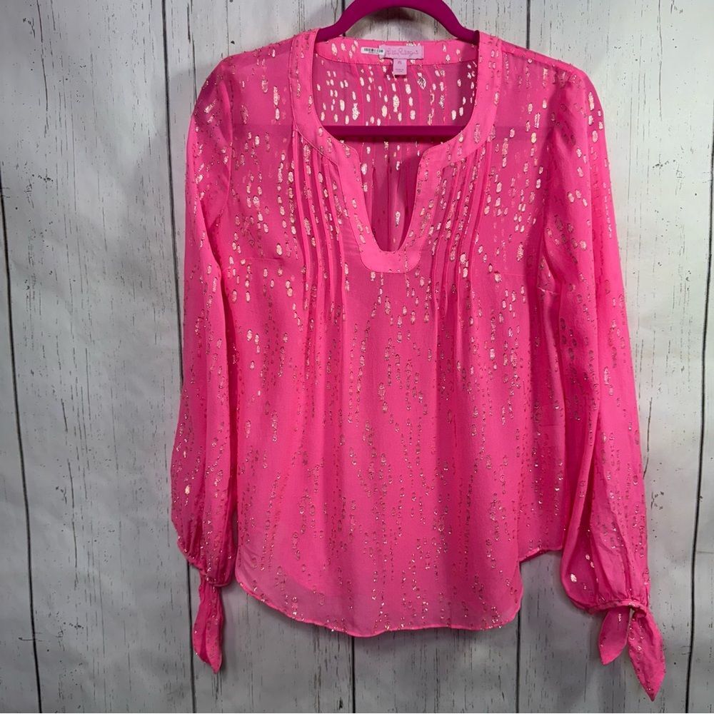 Lilly Pulitzer Pink Silk Metallic Blouse Size XS Long Sleeve Coastal Preppy